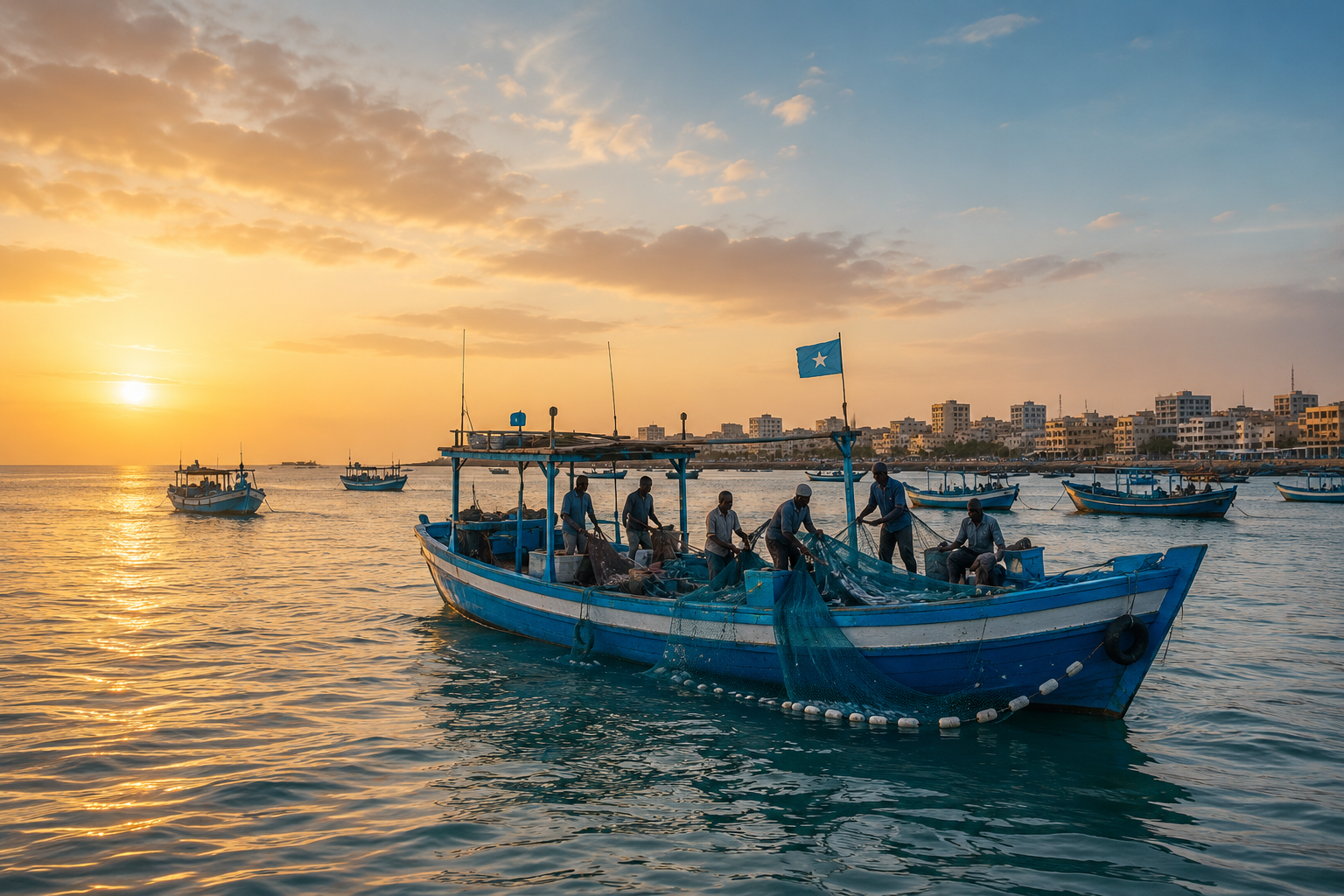 Somali coastline with fishing boats at golden hour